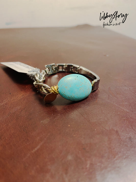 LS Upcycled Vintage Watch Band Turquoise Stone Bracelet
