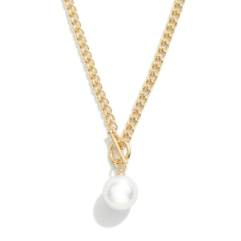 Pearl Pendant Toggle Clasp Chain Link Necklace