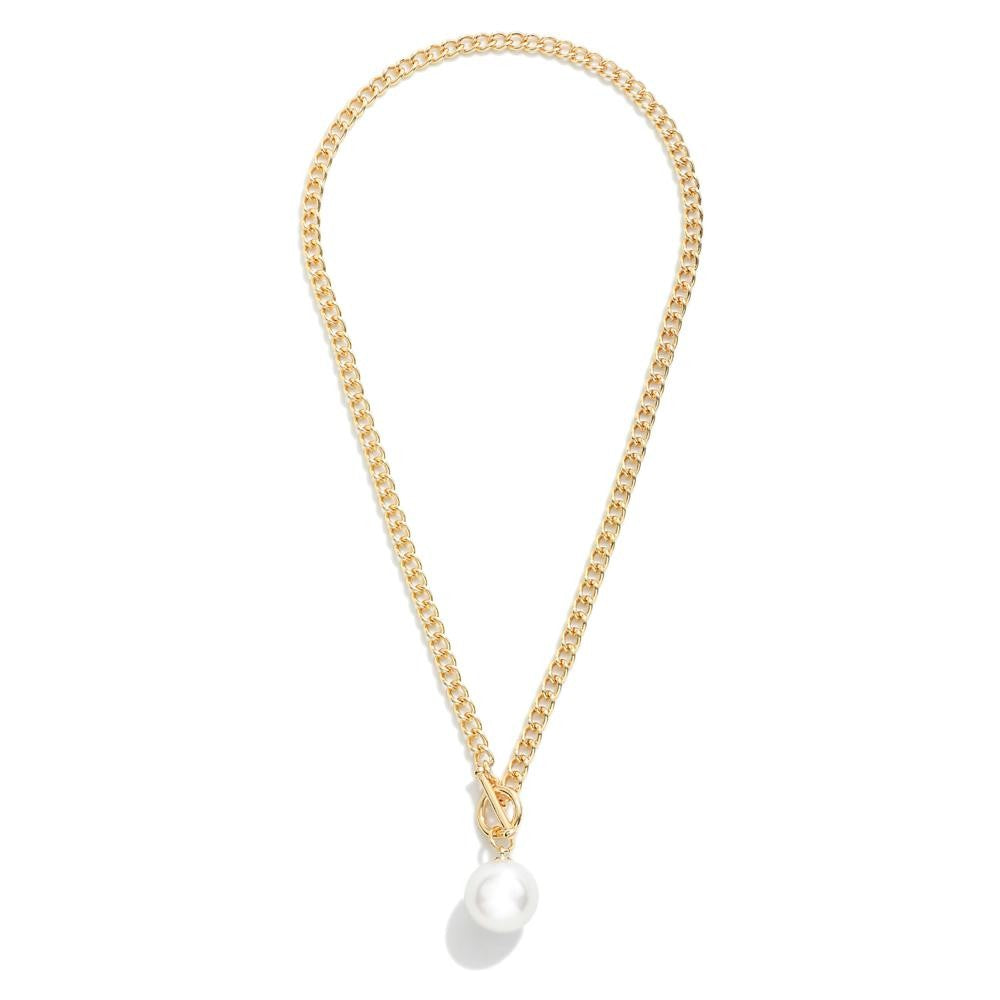 Pearl Pendant Toggle Clasp Chain Link Necklace