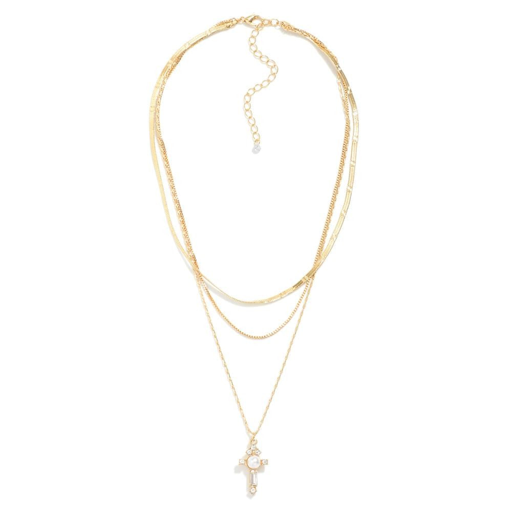Pearl Studded Cross Pendant Layered Chain Necklace