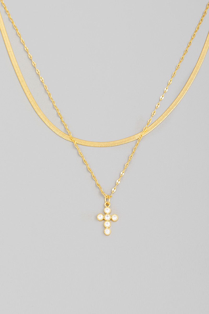 Mini Rhinestone Cross Charm Layered Necklace