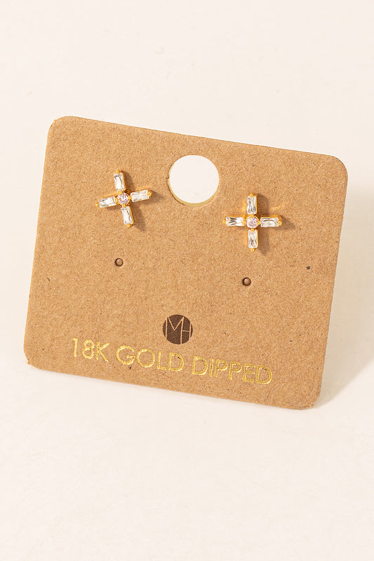 Gold Dipped Cz Mini Cross Stud Earring