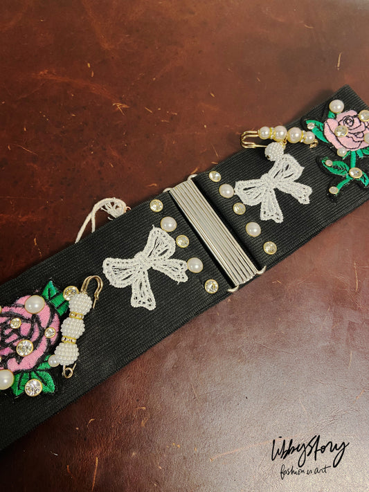 LS Upcycled Vintage Pearls & Embroidered Patches Belt