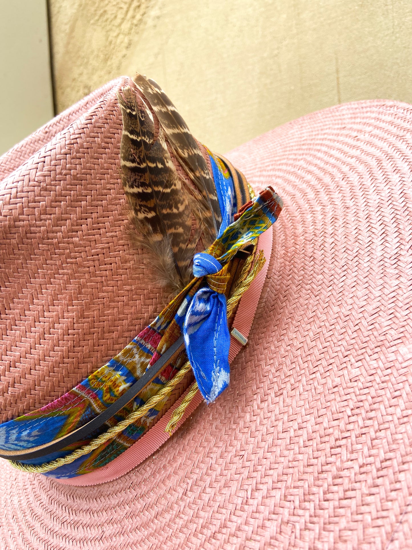 LS Upcycled Handmade Hatbands & Feathers Straw Hat