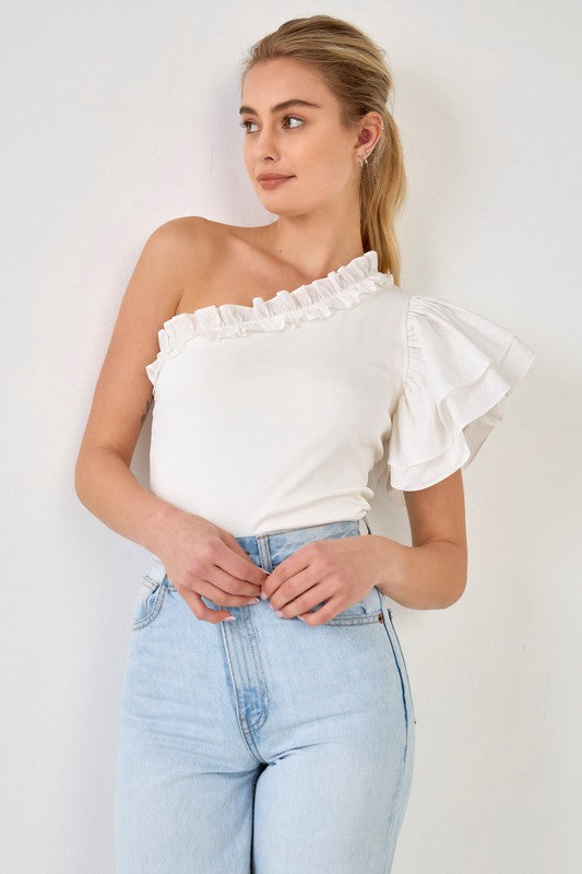 White frill best sale one shoulder top