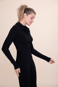 Ribbed Cropped Polo Long Sleeve Top