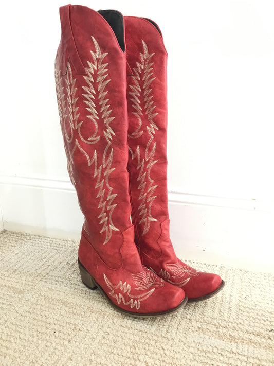 Libby Story Vintage Tall Red Cowboy Boot
