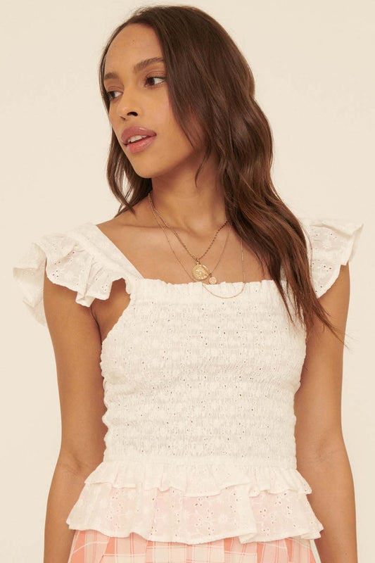 Solid Square Neck Smock Bodice Ruffle Trim Top