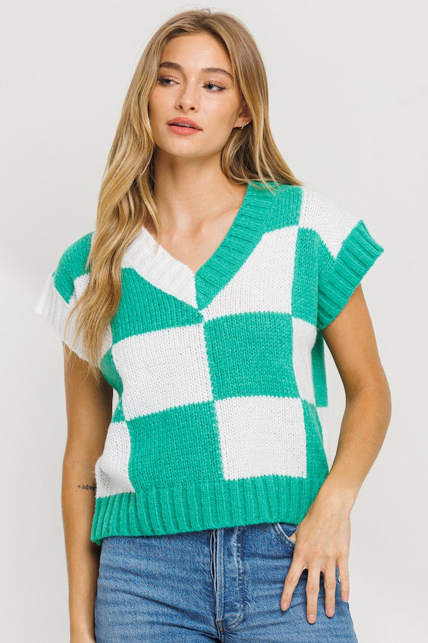 Gretche Checkered V-Neck Sweater Top