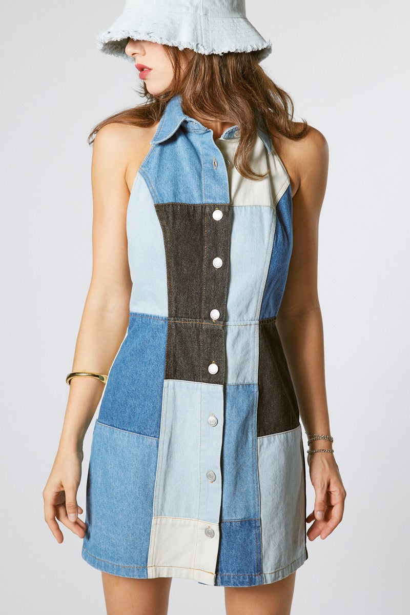 Leilani Denim Block Halter Dress