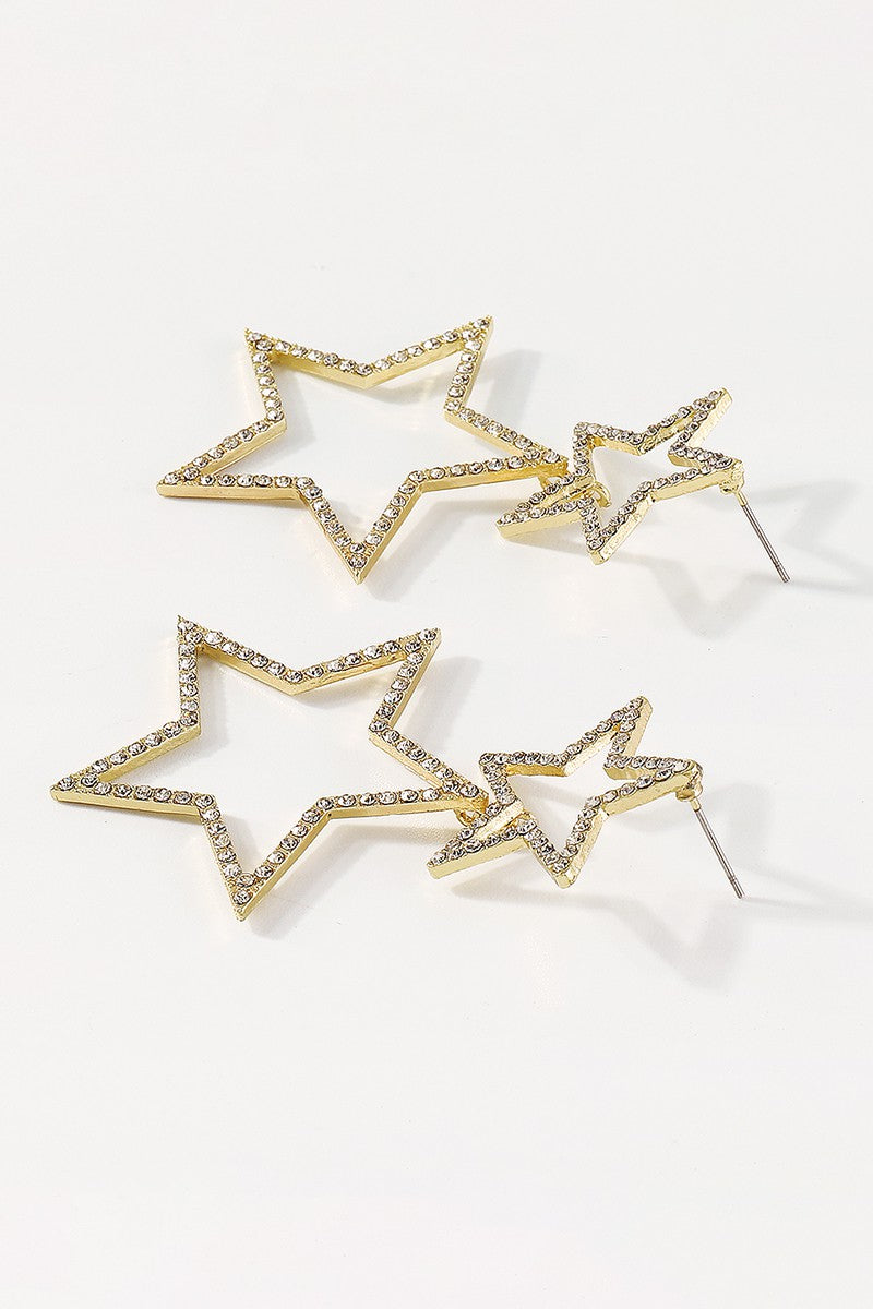 Double Hollow Star Rhinestone Drop Earring