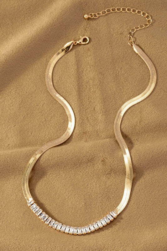 Herringbone Chain & Rhinestone Choker Necklace
