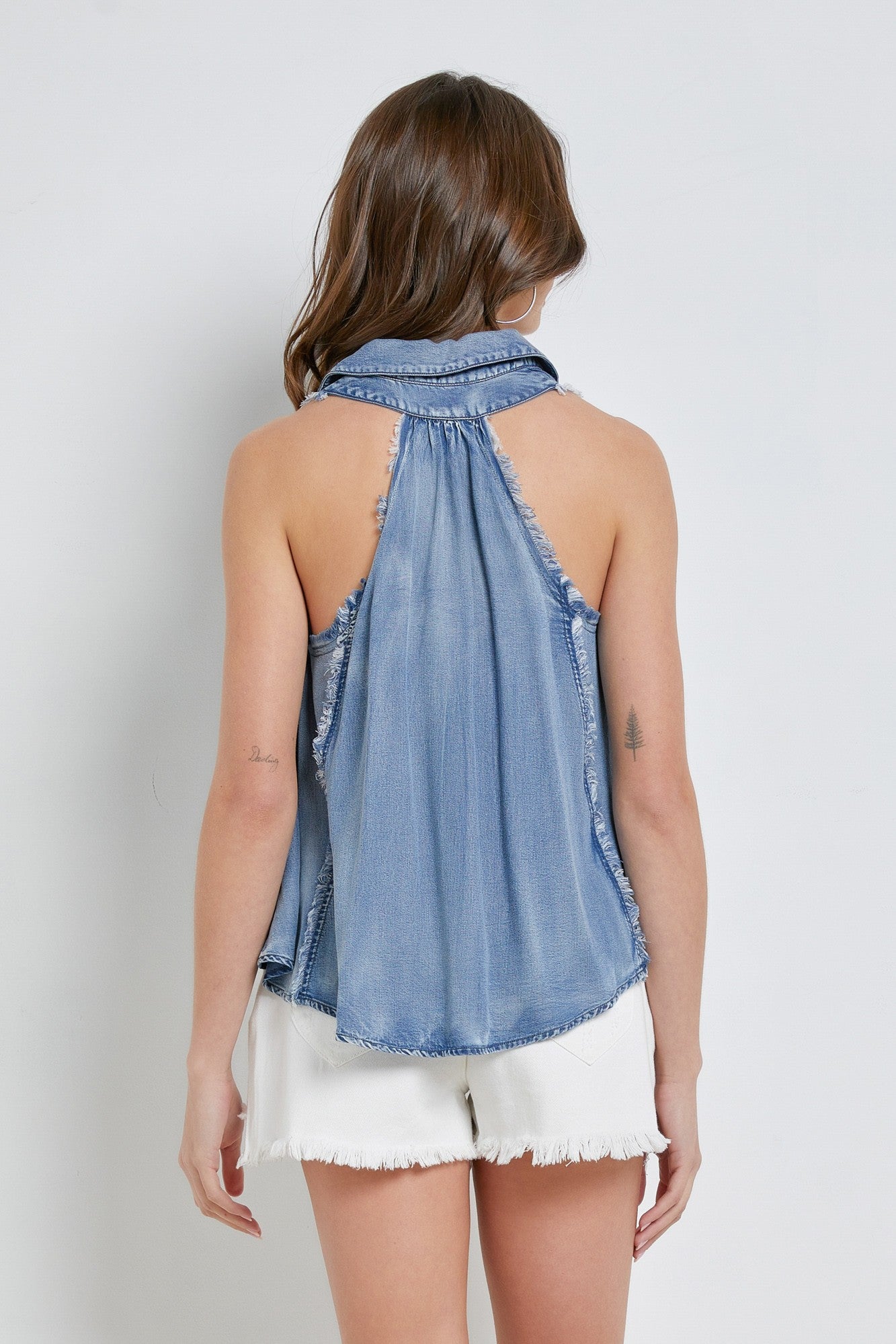 Frayed Seam Collared Denim Tank Top