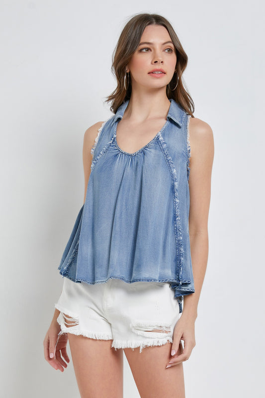 Frayed Seam Collared Denim Tank Top