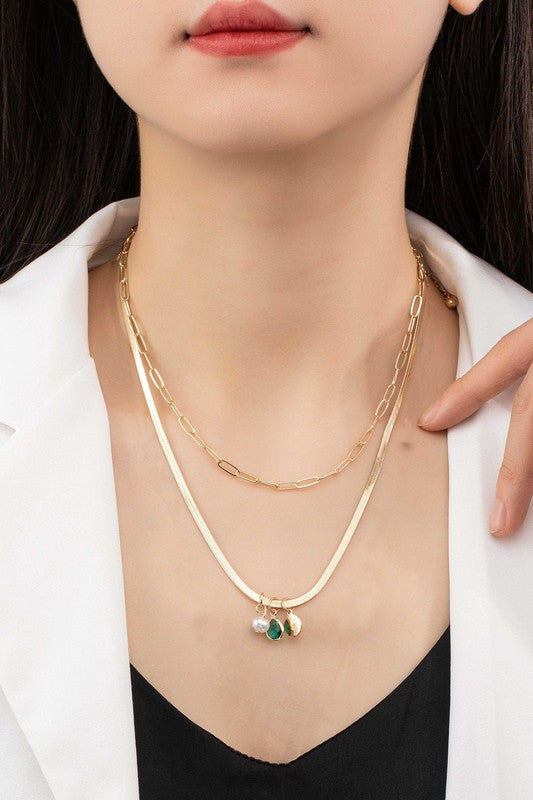 Green Charm 2 Row Herringbone Chain Necklace