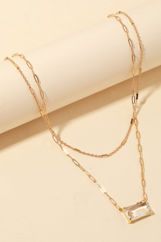 Layered Chain Rectangle Rhinestone Charm Necklace