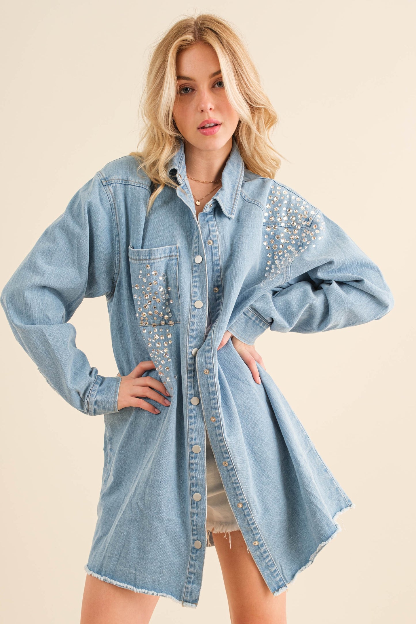 Raelynn Studded Rhinestone Oversized Denim Tunic