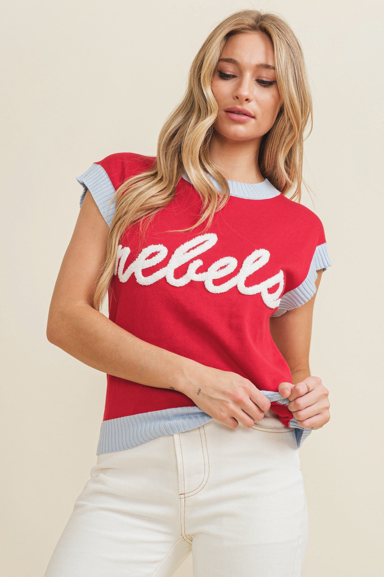 "Rebels" Appliqué Short Sleeve Sweater Top