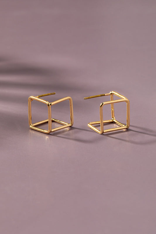 Minimalist 3D Wire Cube Stud Earring