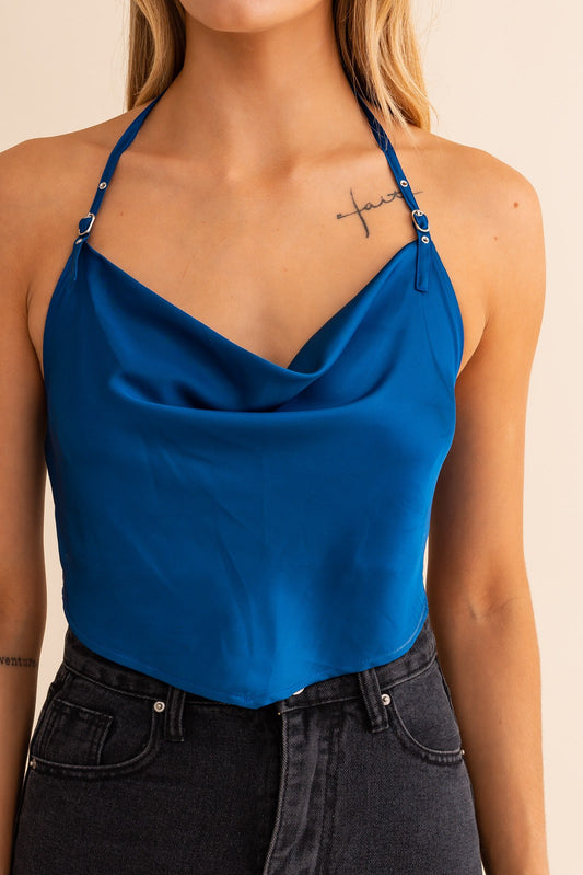 Chandra Cowl Neck Belted Halter Top