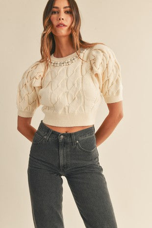 Pearl & Rhinestone Cable Knit Crop Sweater Top