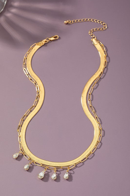 2 Row Herringbone Chain Crystal Necklace