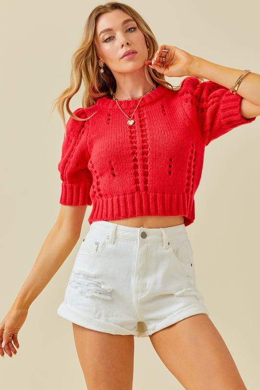 Pointelle Cropped Puff Sleeve Cropped Sweater