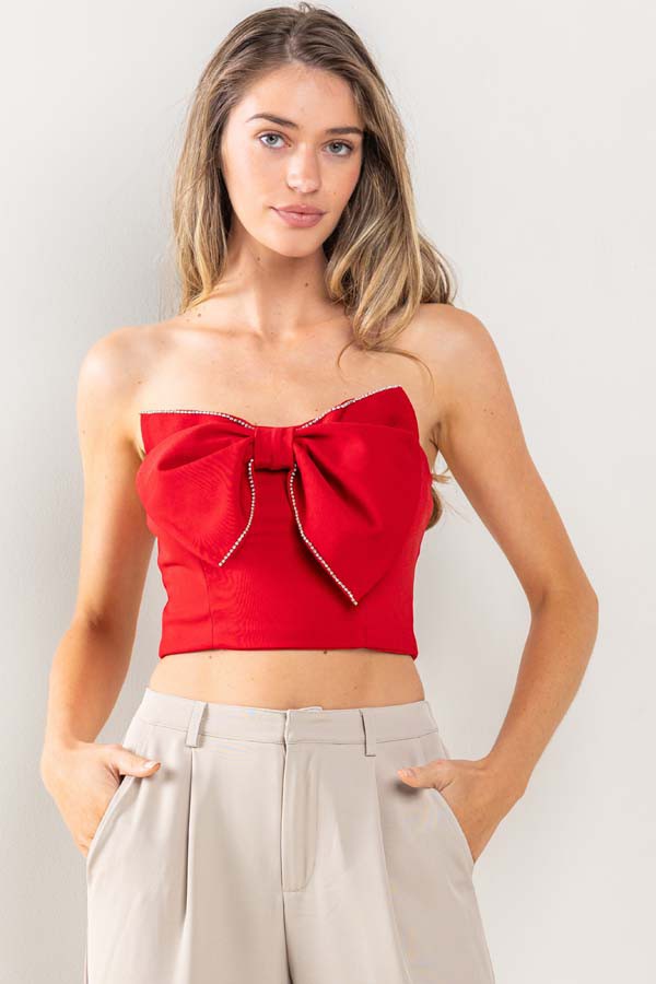 Big Bow Rhinestone Trim Strapless Top