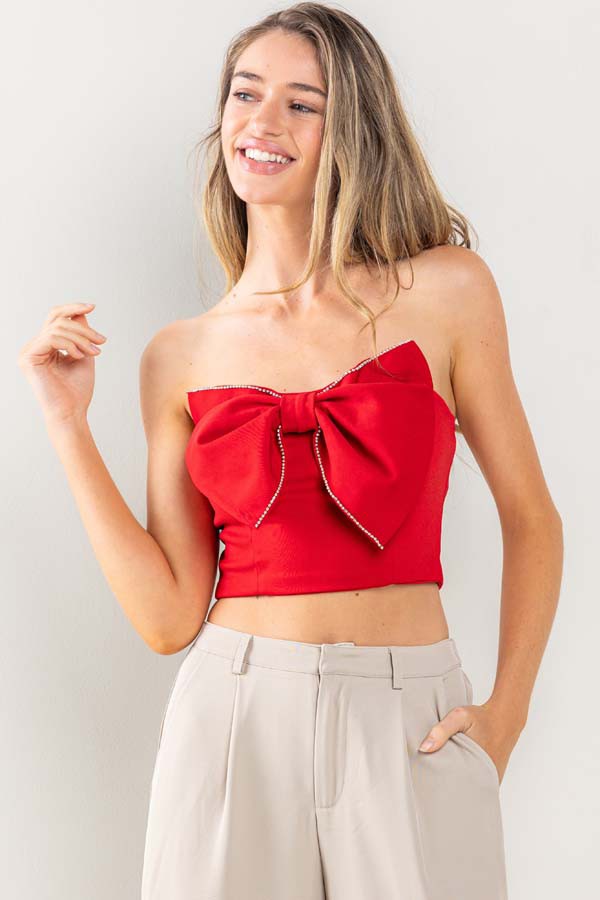 Big Bow Rhinestone Trim Strapless Top