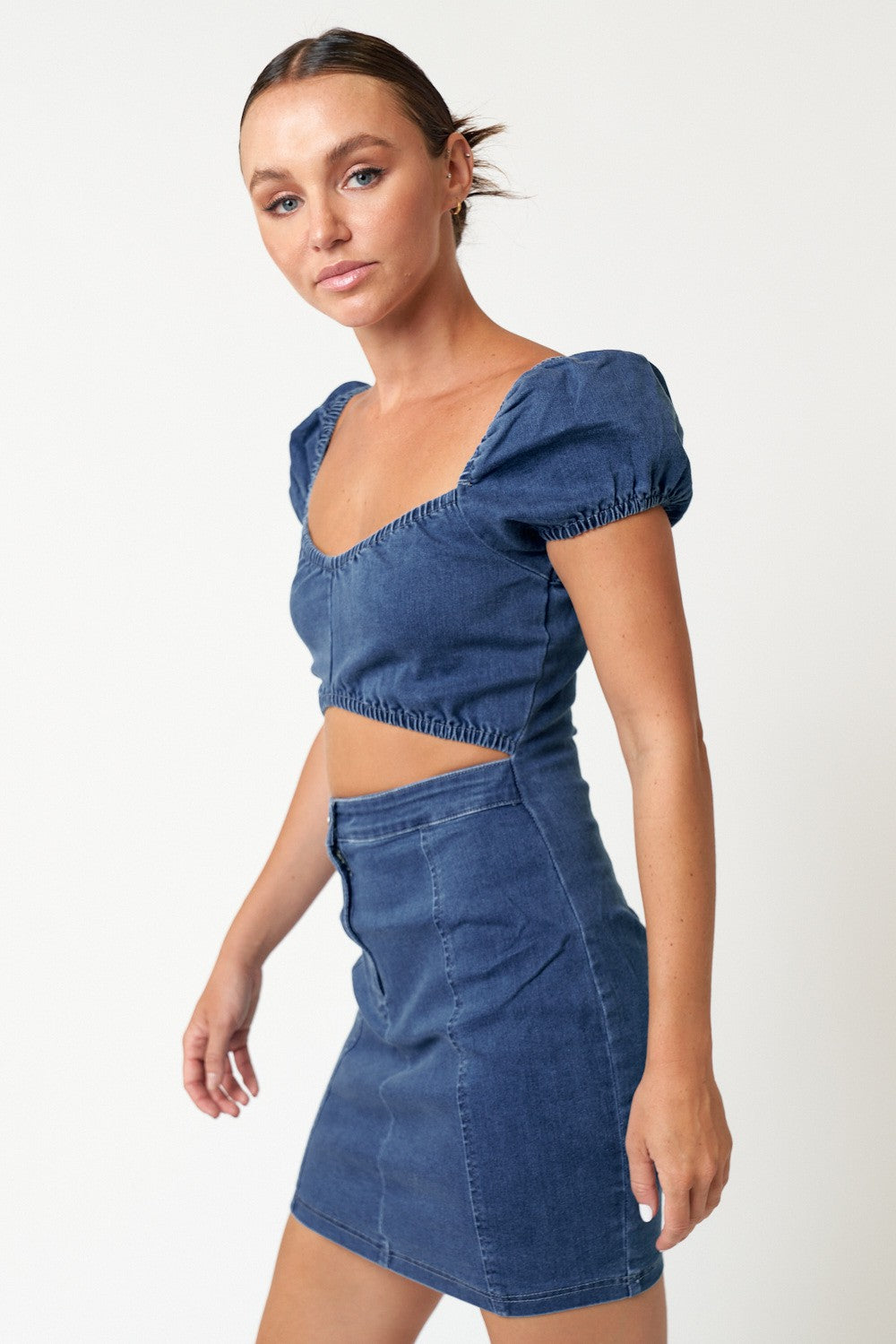 Zenni Cut Out Puff Sleeve Denim Dress