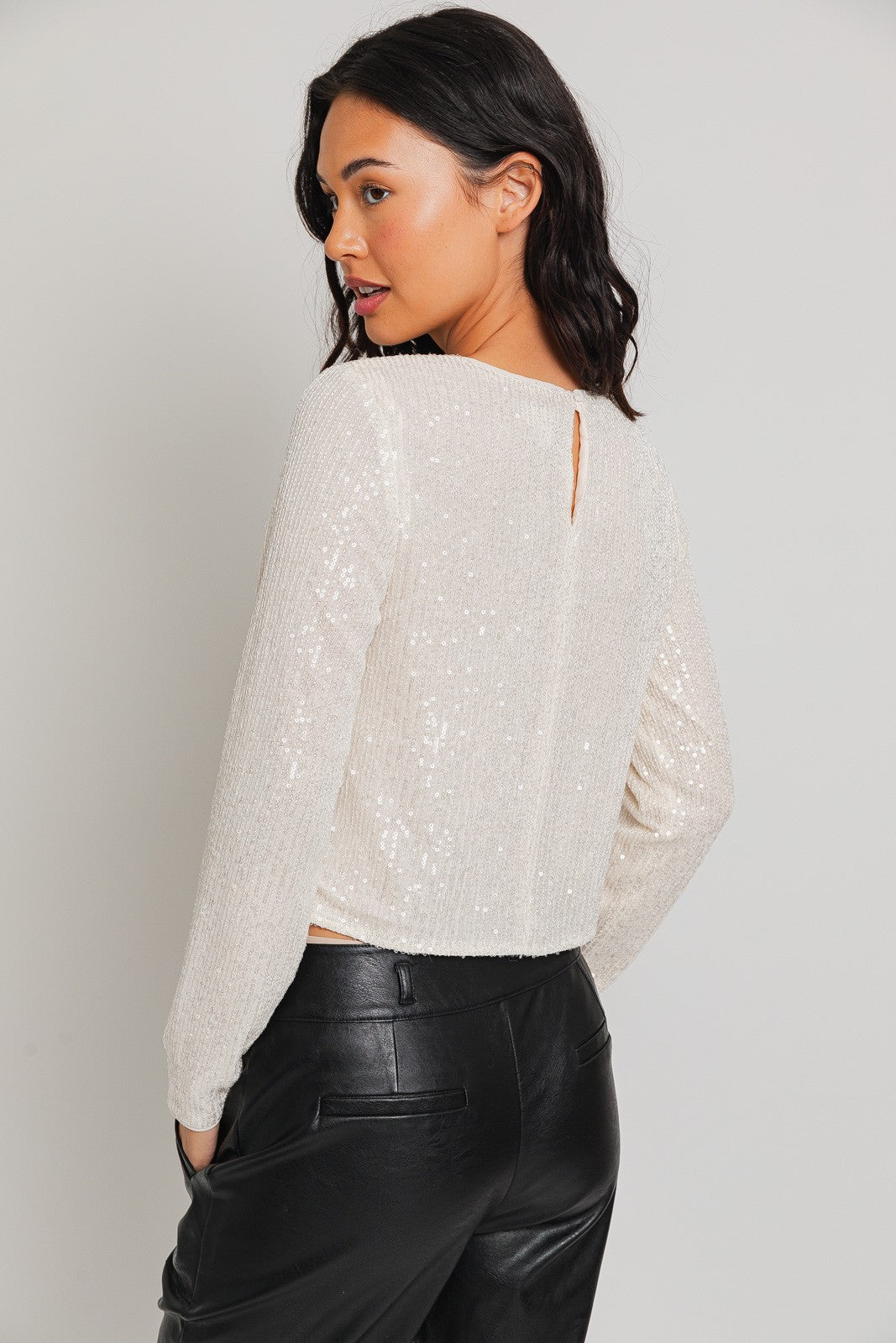 Round Neck Long Sleeve Sequin Top