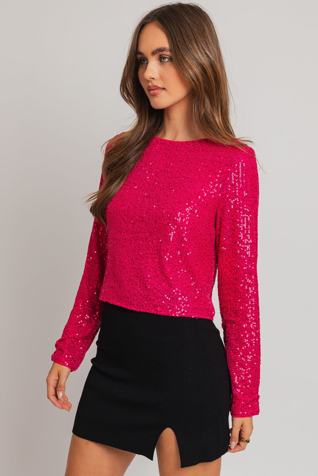 Round Neck Long Sleeve Sequin Top