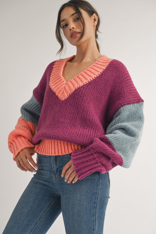 Color Block Oversized V-Neck Sweater