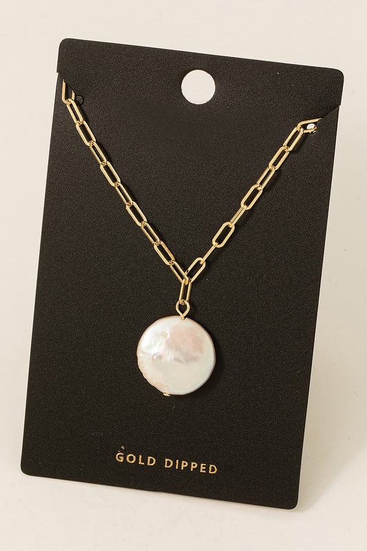 Gold Dipped Pearl Disc Pendant Necklace