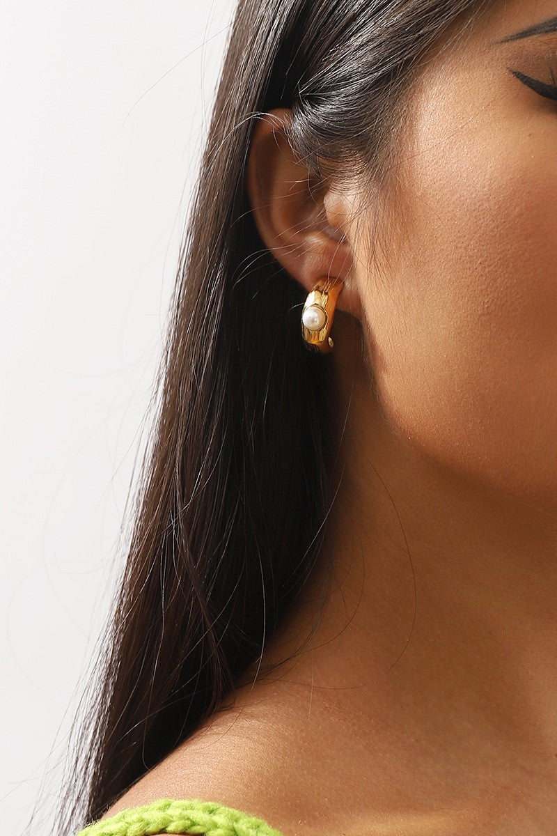 18K Gold Plated Stainless Steel Pearl Chunky Hoop Earring