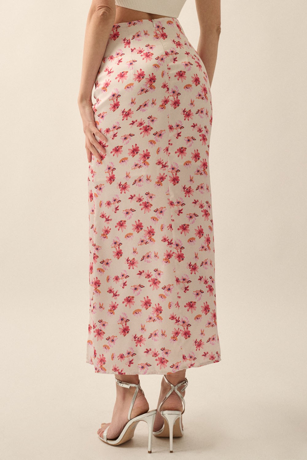 Floral Satin Curve Button-Front Maxi Skirt