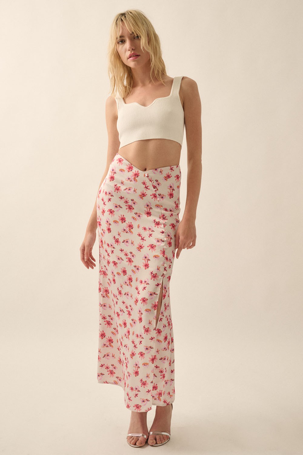 Floral Satin Curve Button-Front Maxi Skirt