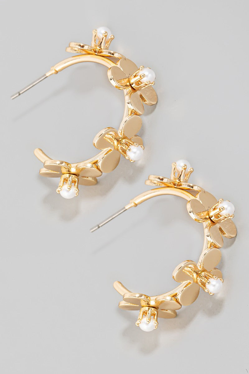 Pearl Studded Metallic Flower Hoop Earring