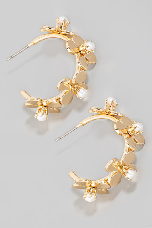 Pearl Studded Metallic Flower Hoop Earring