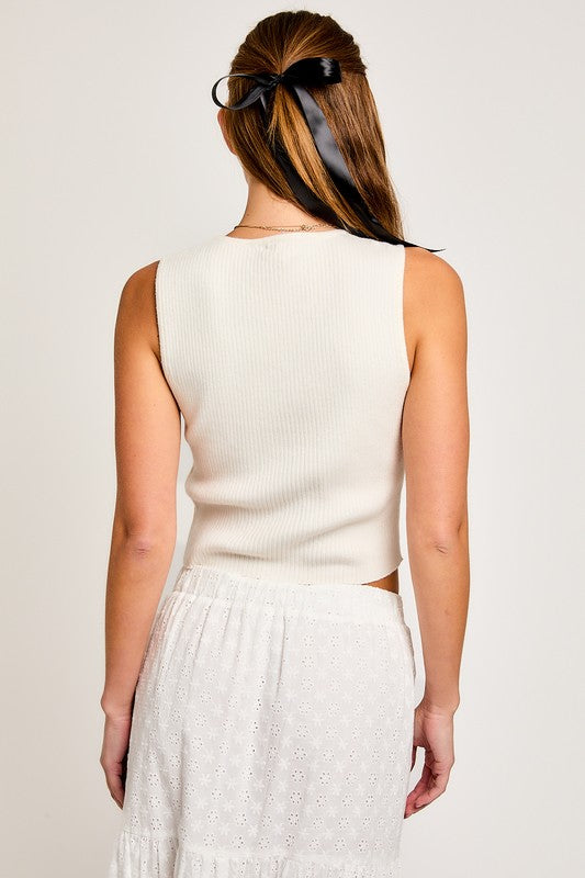 SATIN BOW DETAIL SLEEVELESS RIBBED TOP