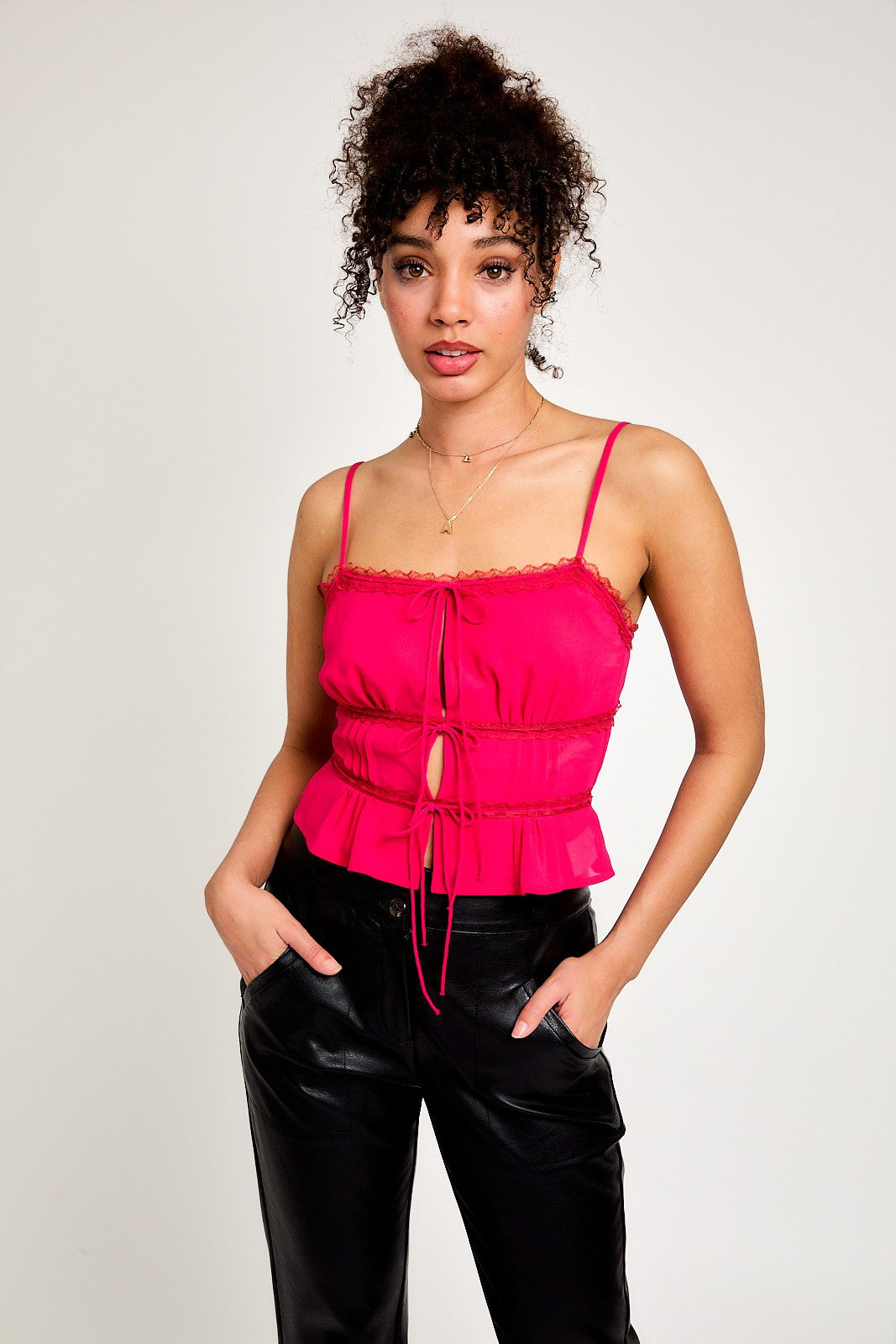 SPAGHETTI STRAP LACE TRIMMED CUT OUT CAMI CROP TOP