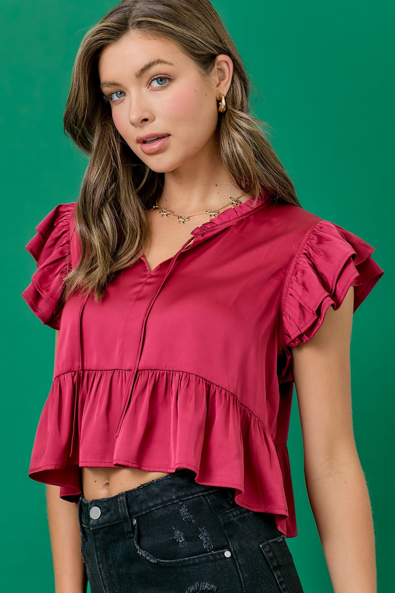 SATIN CROPPED RUFFLE SLEEVE TOP