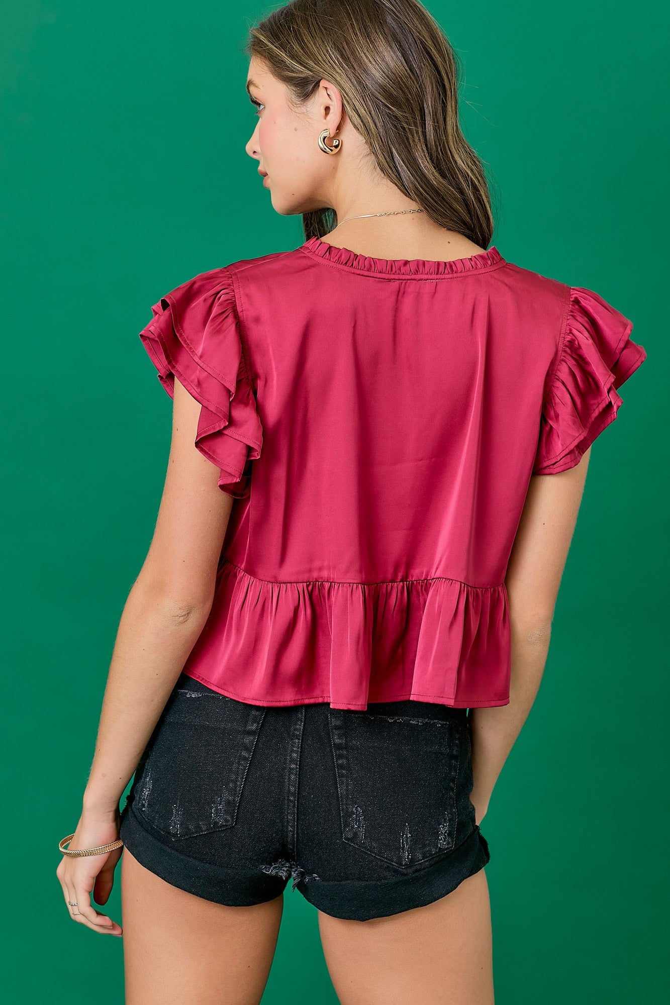 SATIN CROPPED RUFFLE SLEEVE TOP