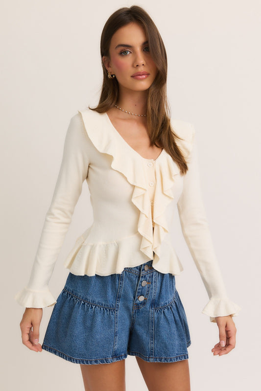 Kate V-Neck Ruffle LS Top