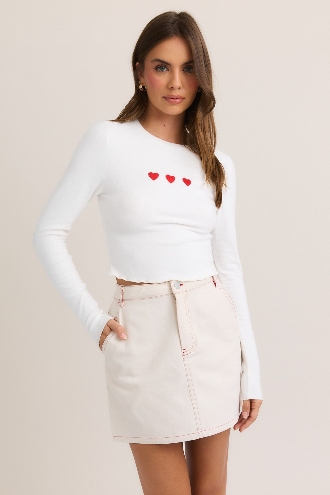 Heart Embroidered Knit LS Top