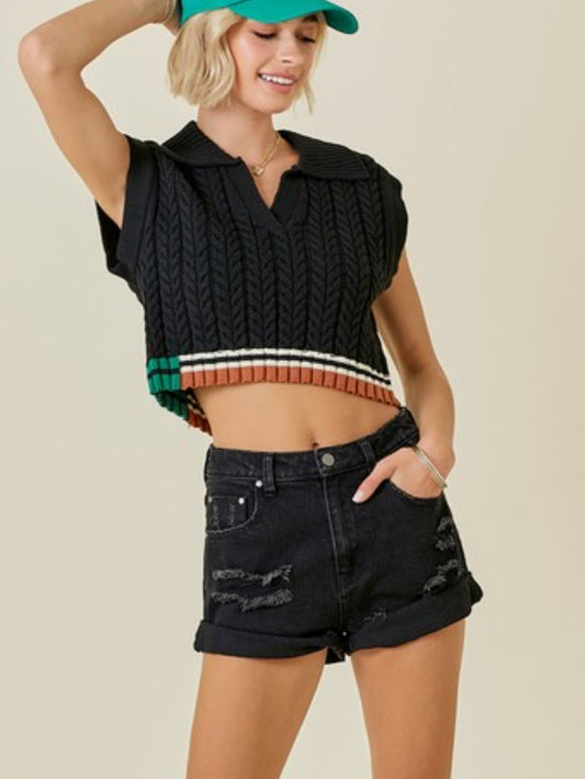 Cropped Sweater Top with Contrasting Hem Stripe