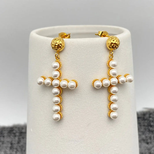 PEARL CROSS STATEMENT EARRINGS