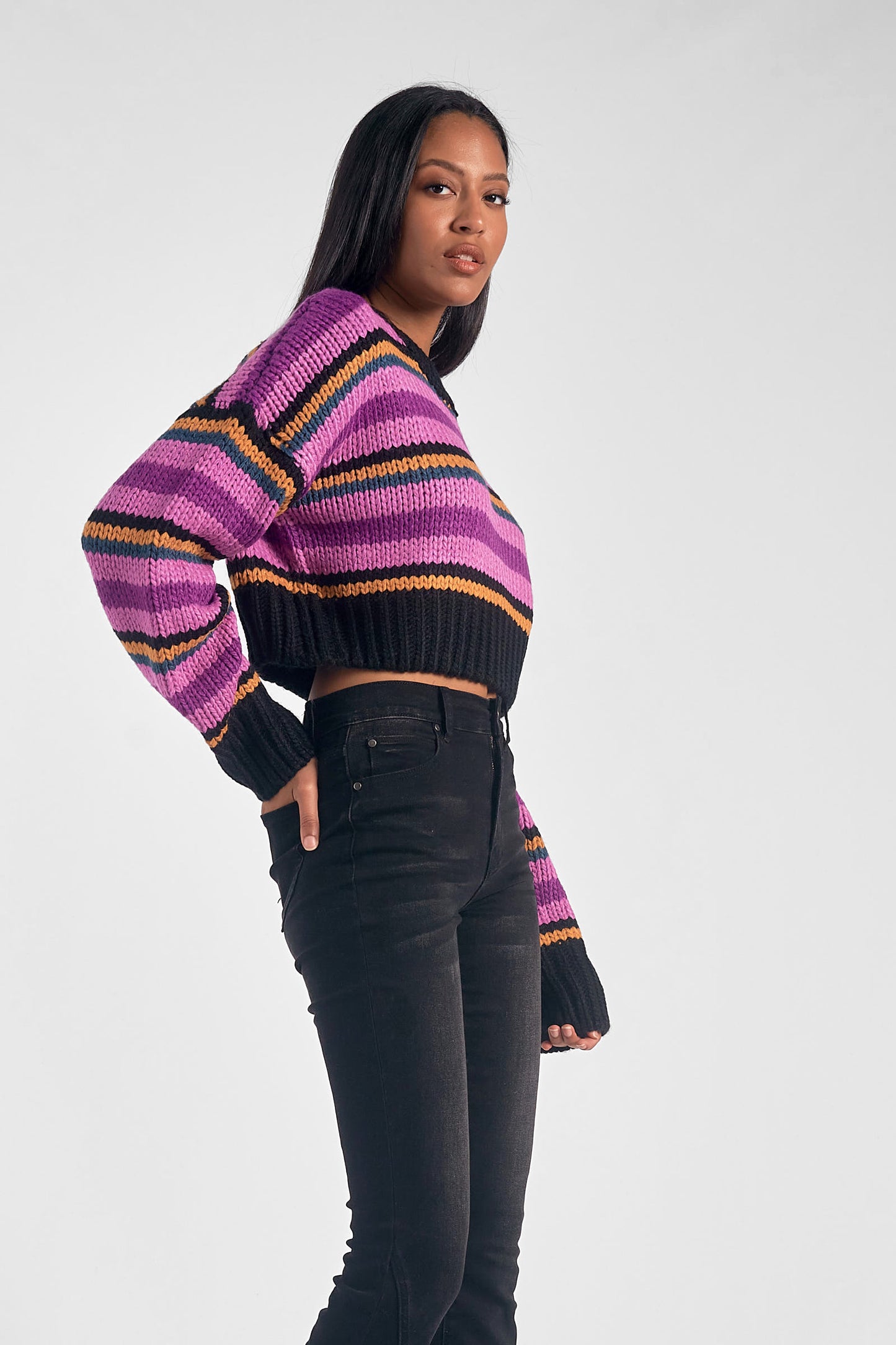 Elan Purple Stripe Cropped Sweater