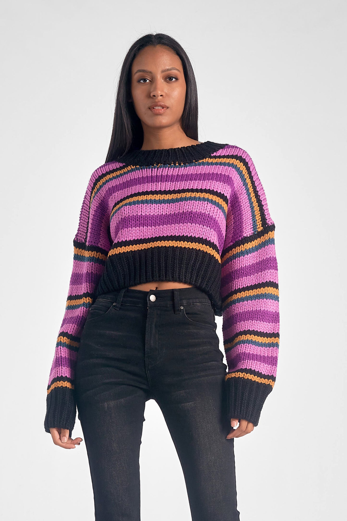Elan Purple Stripe Cropped Sweater
