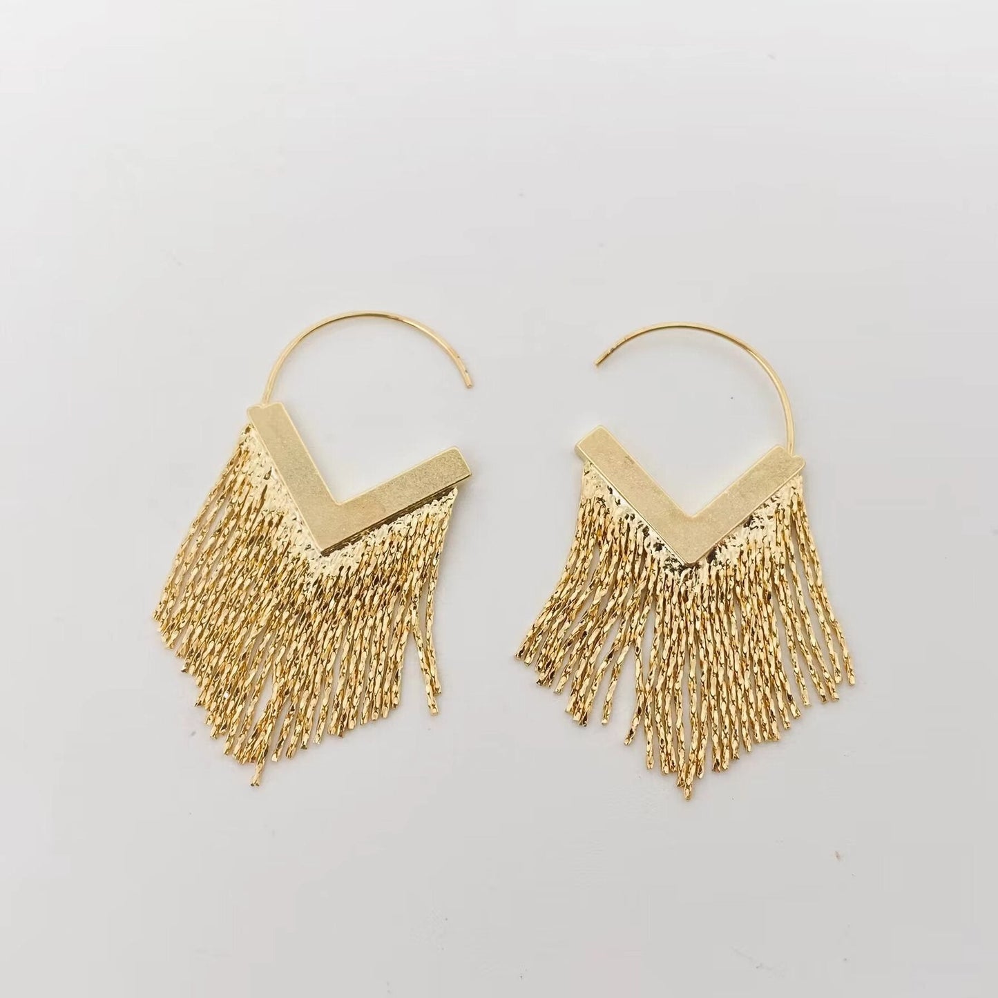 Gold Plated V-Shape Metal Chain Tassel Hoop Earring